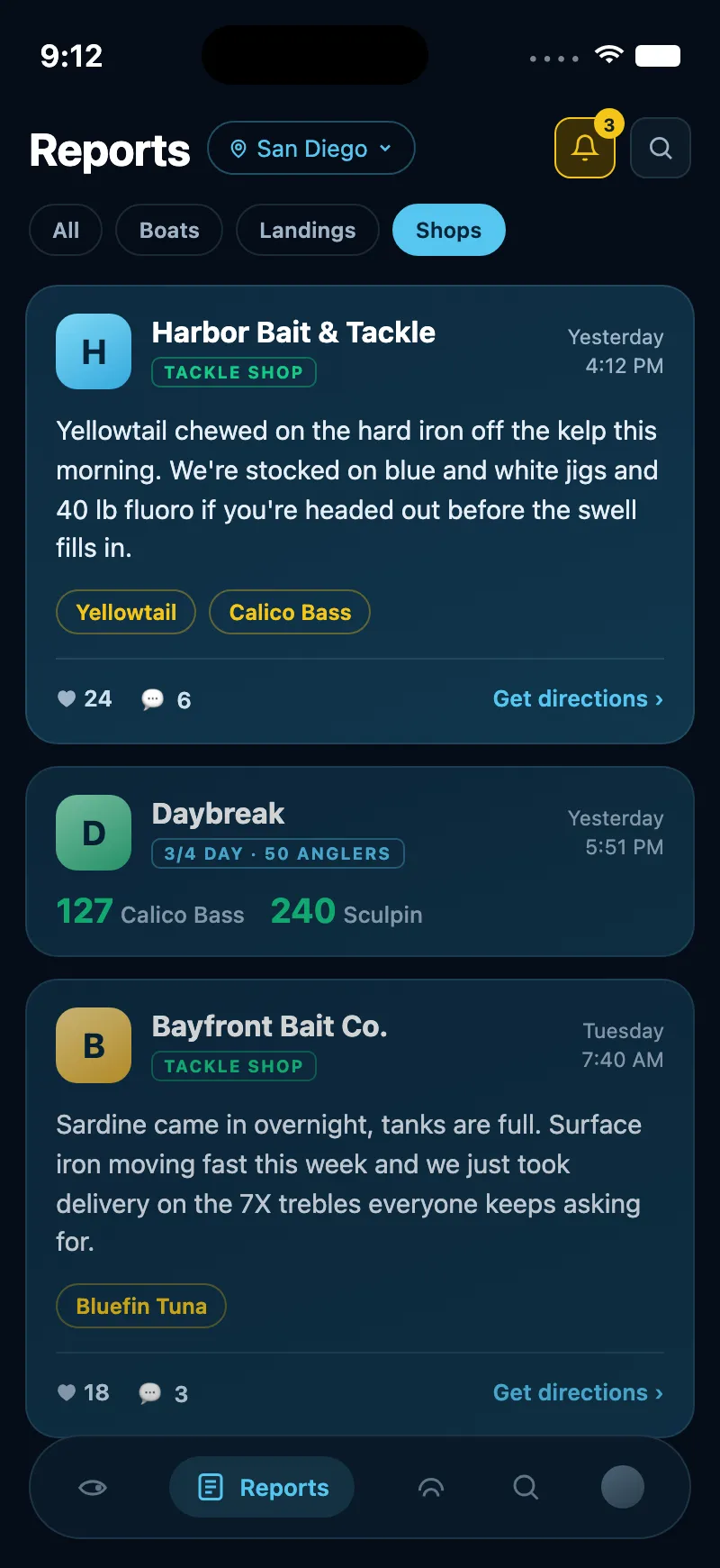 Preview of the Fish City reports screen showing a tackle shop post alongside boat reports